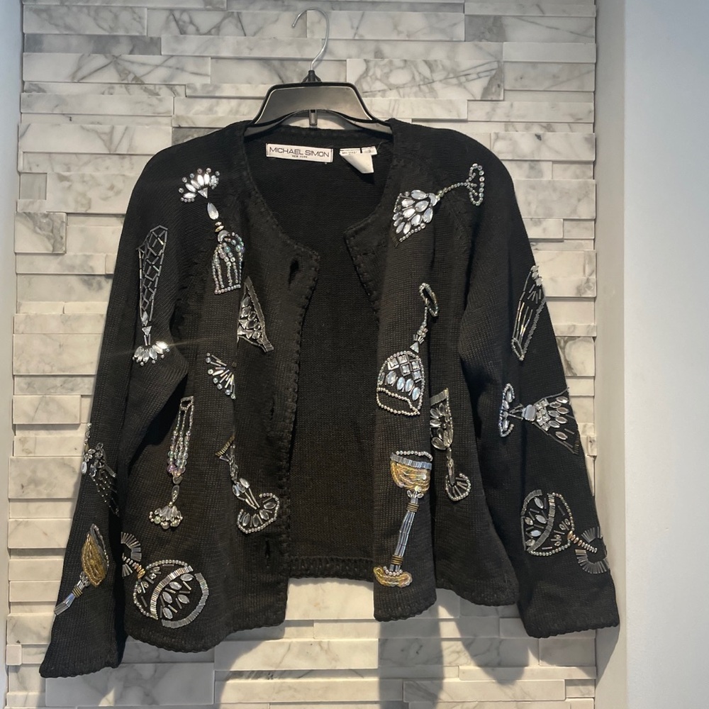 Michael Simon Cardigan Sweater Black Multi-jeweled Martini Glasses Women Size M